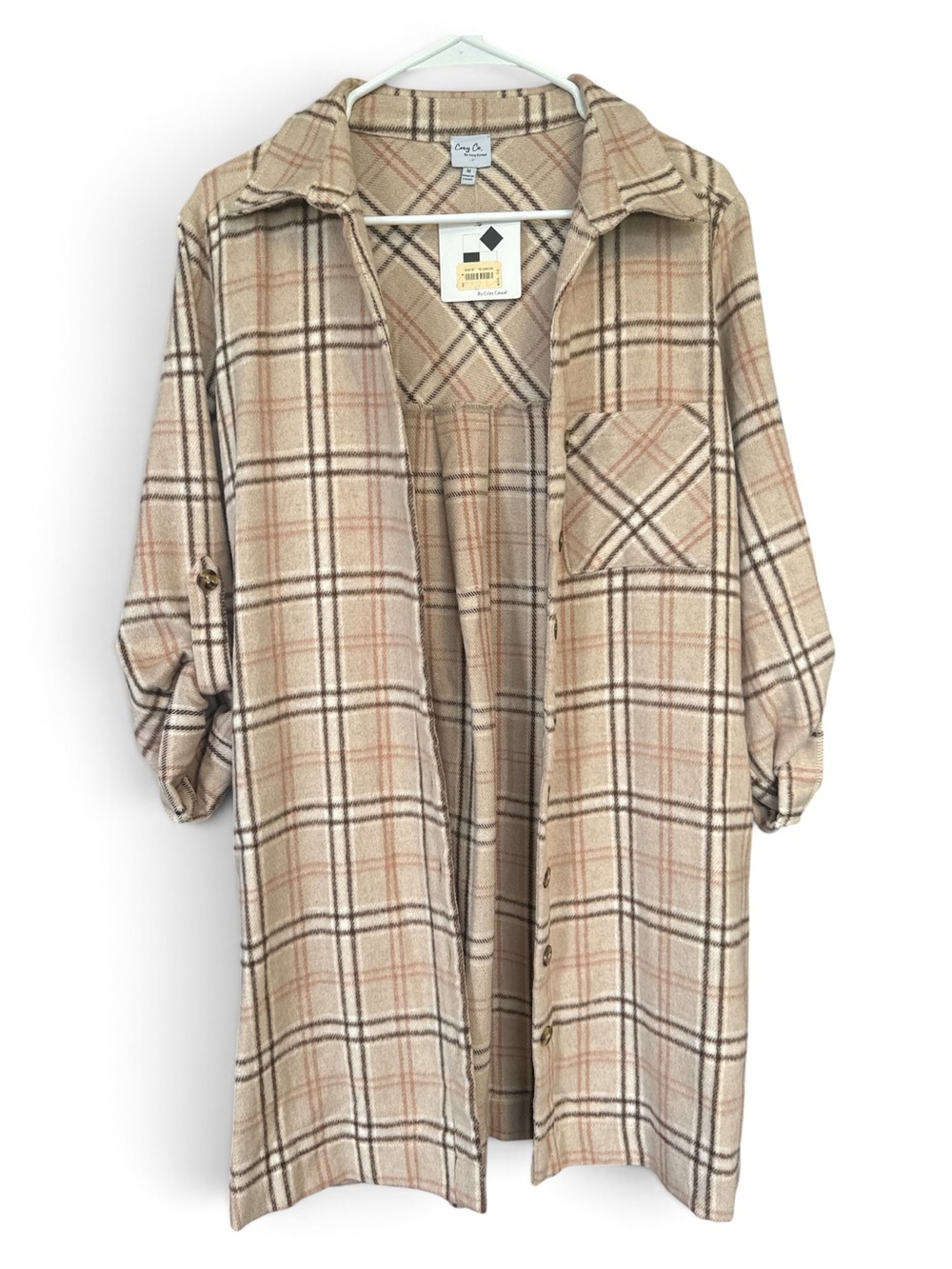 NWT Cozy Casual Beige Plaid Button-Down Shirt Jacket Shacket Dress - Picture 6 of 6